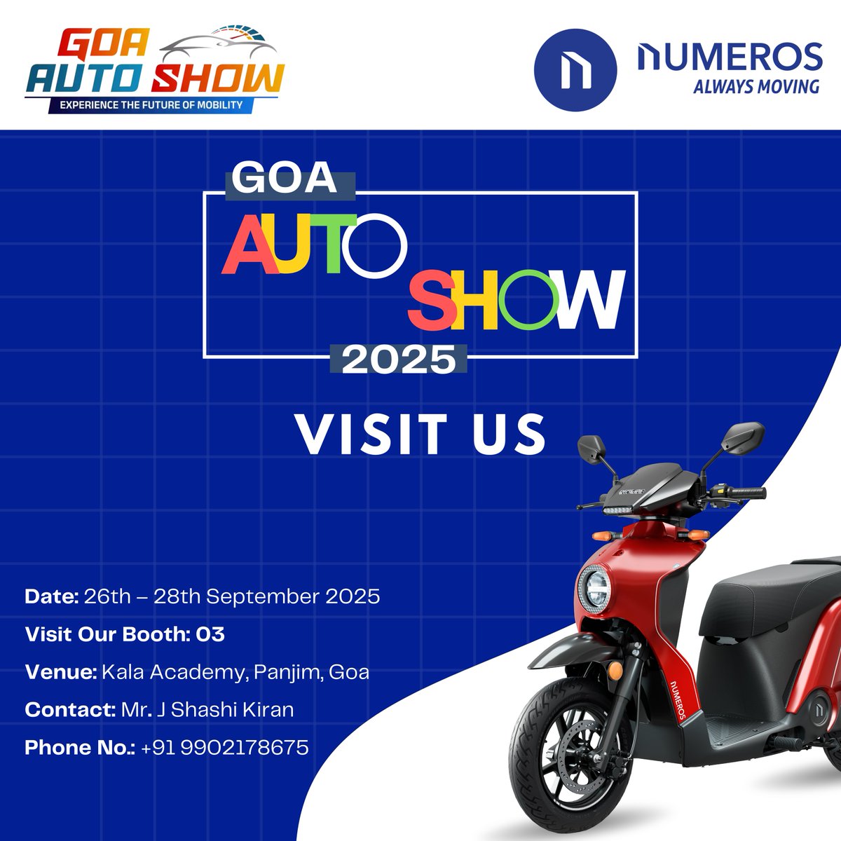 Sun, sand, and EVs! 
Numeros Motors is all set for the Goa Auto Show 2025. 

Stop by Booth O3 and say hi!
Kala Academy, Panjim Goa 

#NumerosMotors #AlwaysMoving #GoaAutoShow2025 #EV