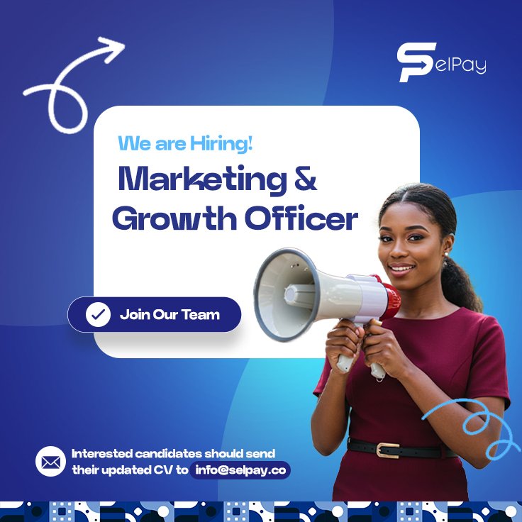 selpaytech's tweet image. We're Hiring: Marketing &amp;amp; Growth Officer
SelPay seeks a results-driven professional to support marketing efforts, drive customer acquisition &amp;amp; grow our brand.

📌 HND/BSc
📌 Digital &amp;amp; traditional marketing skills
📌 Smartphone &amp;amp; laptop required
Send CV to info@selpay.co 
#Hiring