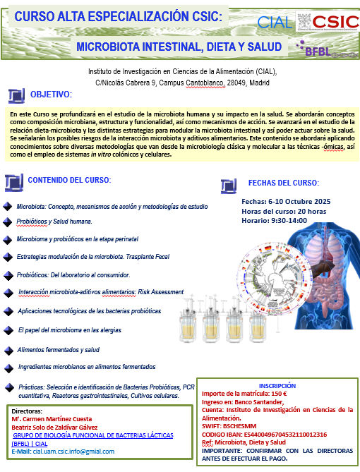 CIAL_CSIC_UAM's tweet image. ¡Todavía estás a tiempo! ⏰ Del
6 al 10 de octubre, el CIAL acoge el Curso de Alta Especialización CSIC: Microbiota Intestinal, Dieta y Salud. Expertos te guiarán por temas clave como probióticos, alimentos fermentados y el papel de la microbiota en la salud. ¡Inscríbete ya!