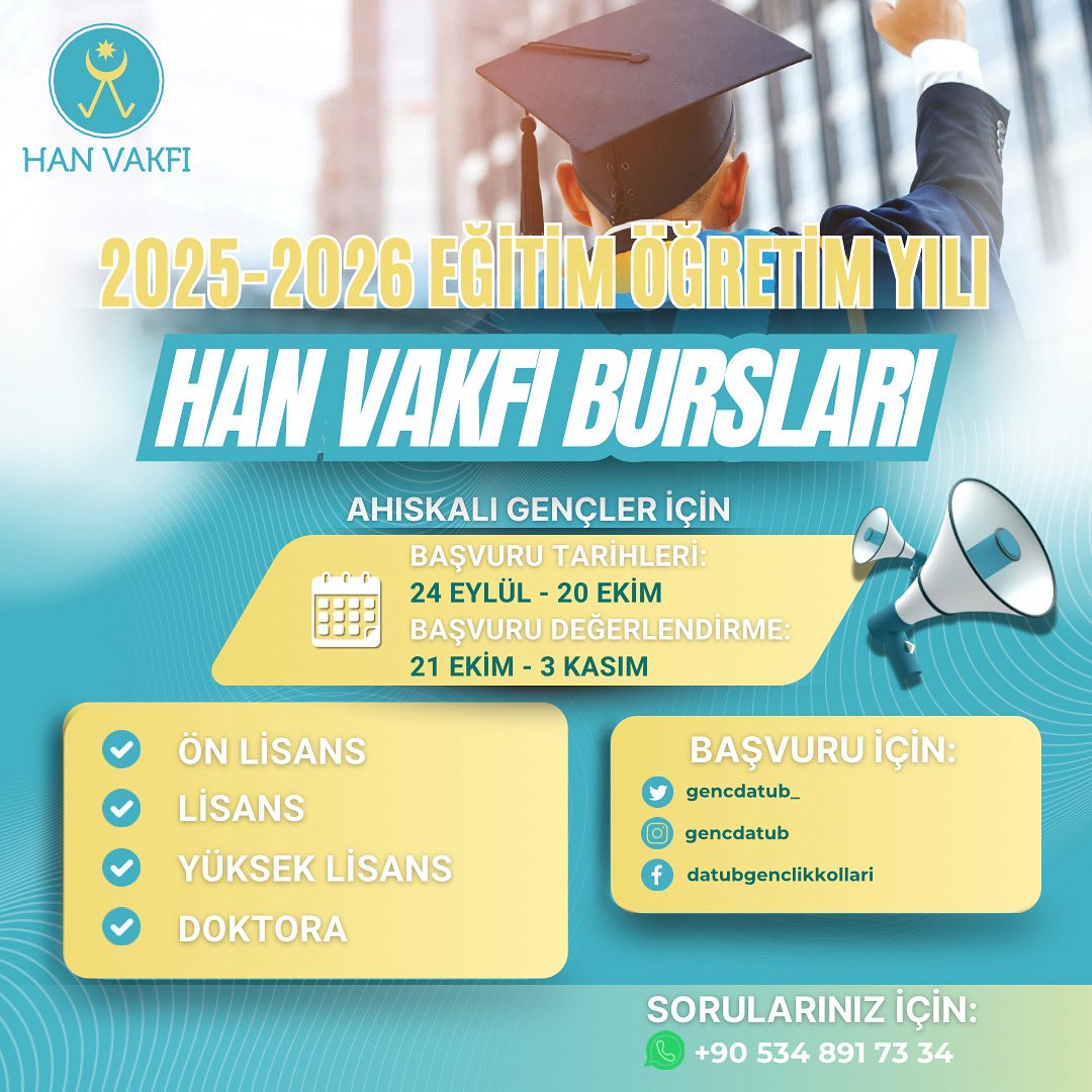 2025-2026 Han Vakfı Bursları başvuruları başladı! 

Han Vakfı’nın Türkiye’de eğitim alan ön lisans, lisans, lisansüstü ve doktora seviyelerindeki Ahıskalı öğrenciler için başlattığı burs çalışmasının başvuruları başladı. 

Başvuru için tıklayın: forms.gle/2B6Hp9fobgYaYj…