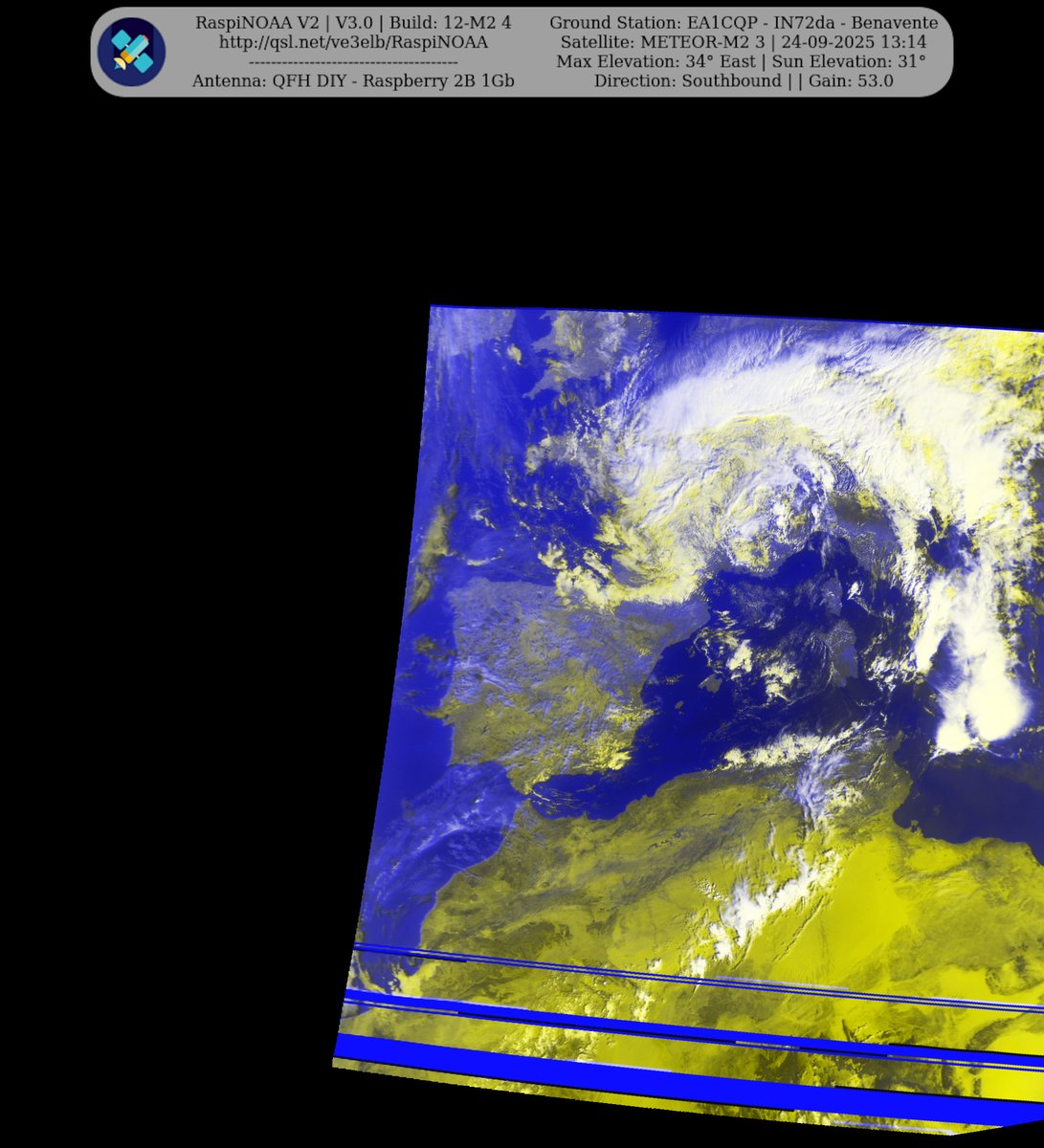 monforra's tweet image. Ground Station: EA1CQP - IN72da - Benavente METEOR-M2 3 24-09-2025 11:15 CEST Max Elev: 34° E Sun Elevation: 31° Gain: 53.0 | Southbound
#NOAA #MeteorM2_3 #MeteorM2_4 #weather #weathersats #APT #LRPT #wxtoimg #MeteorDemod #rtlsdr #gpredict #raspberrypi