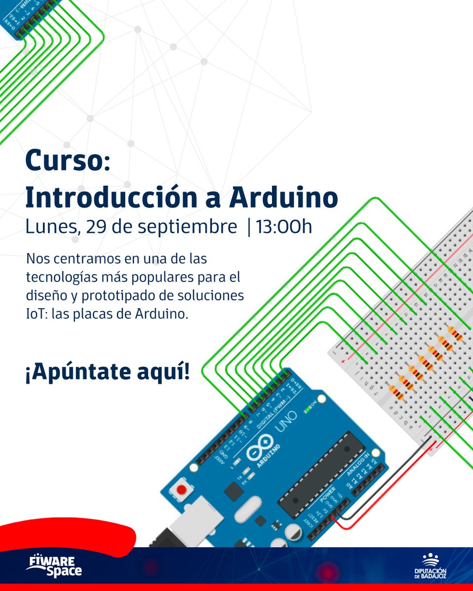¿Quieres descubrir los conceptos básicos de la programación con Arduino? 👨‍💻

La tecnología por excelencia del mundo maker, un microcontrolador facil de programar: si te interesa, apúntate a nuestro curso
👉 fiware.space/cursos/introdu…

#FIWARESpace #DipBdjz