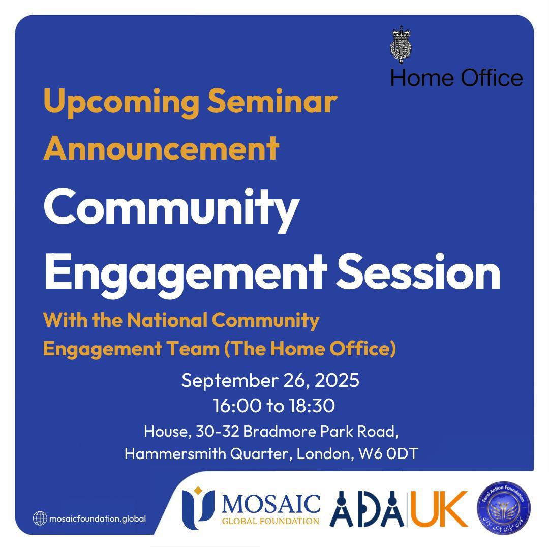 On 26th September, <a href="/MosaicGFdn/">Mosaic Foundation</a>—in collaboration with <a href="/FarsiAction/">Farsi Action Foundation-کانون همیاری پارسی‌زبانان</a> &amp; <a href="/afgdevacademy/">Afghanistan Development Academy (ADA)</a>—is facilitating a session for the <a href="/ukhomeoffice/">Home Office</a>'s National Community Engagement Team (NCET). It's direct community engagement, focusing on integration and border security issues, followed by