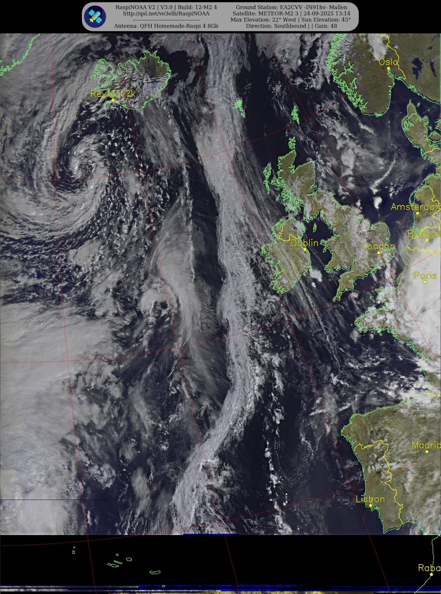 ignacio_ce's tweet image. Ground Station: EA2CVV -IN91hv- Mallen METEOR-M2 3 24-09-2025 12:55 CEST Max Elev: 22° W Sun Elevation: 45° Gain: 48 | Southbound
#NOAA15 #NOAA18 #NOAA19 #MeteorM2_3 #MeteorM2_4 #weather #APT #LRPT #wxtoimg #MeteorDemod #rtlsdr #raspberrypi