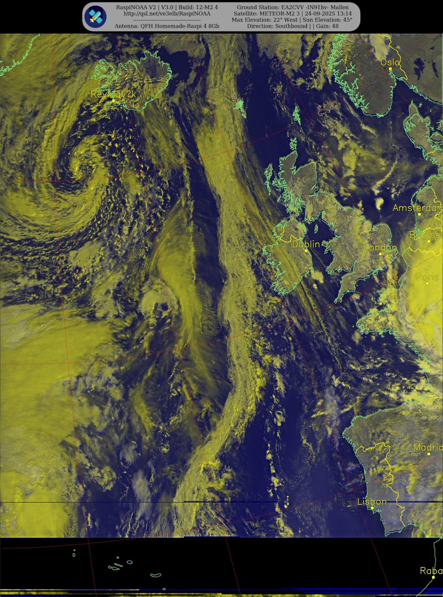 ignacio_ce's tweet image. Ground Station: EA2CVV -IN91hv- Mallen METEOR-M2 3 24-09-2025 12:55 CEST Max Elev: 22° W Sun Elevation: 45° Gain: 48 | Southbound
#NOAA15 #NOAA18 #NOAA19 #MeteorM2_3 #MeteorM2_4 #weather #APT #LRPT #wxtoimg #MeteorDemod #rtlsdr #raspberrypi