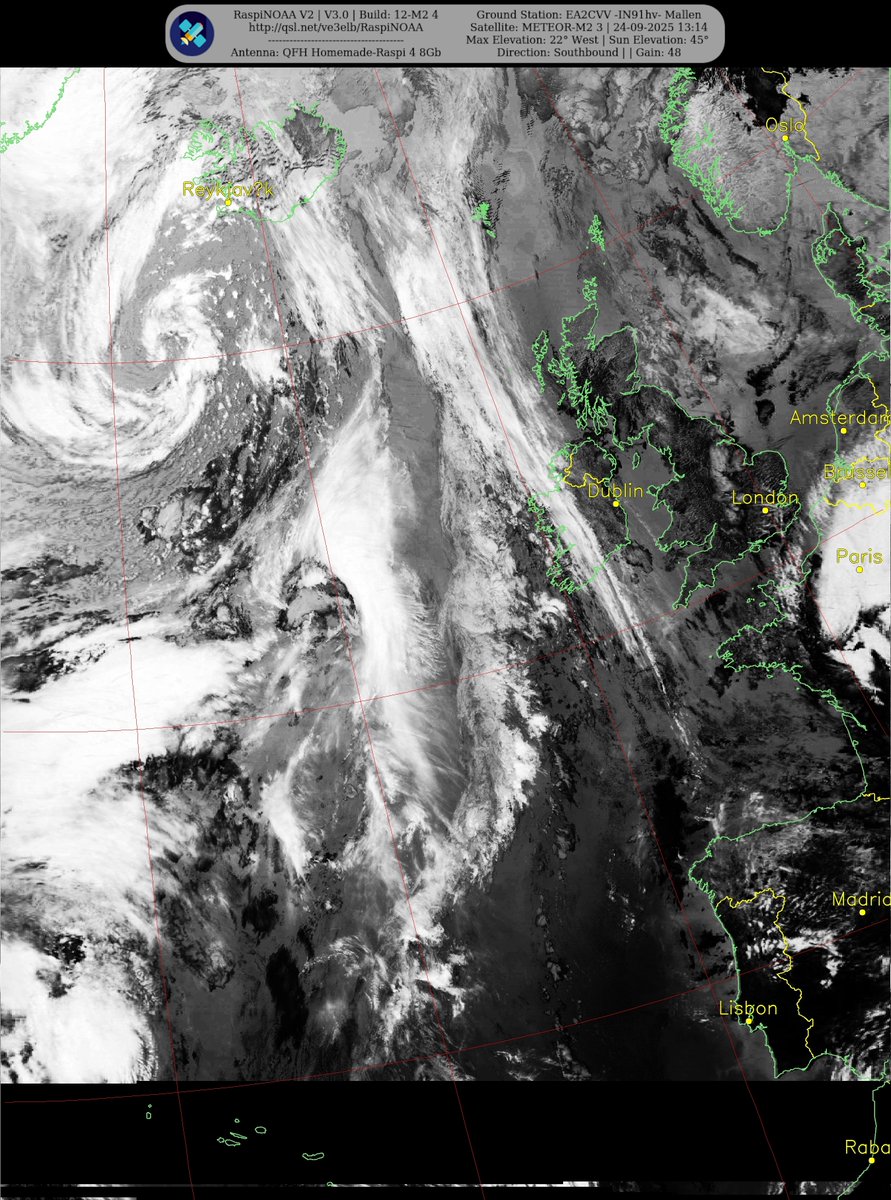 ignacio_ce's tweet image. Ground Station: EA2CVV -IN91hv- Mallen METEOR-M2 3 24-09-2025 12:55 CEST Max Elev: 22° W Sun Elevation: 45° Gain: 48 | Southbound
#NOAA15 #NOAA18 #NOAA19 #MeteorM2_3 #MeteorM2_4 #weather #APT #LRPT #wxtoimg #MeteorDemod #rtlsdr #raspberrypi