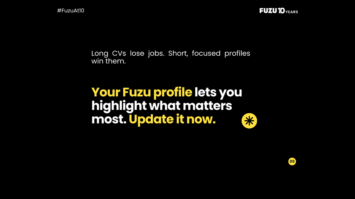 fuzukenya's tweet photo. Reply with the ONE change you’ll make today.
#FuzuAt10 #CareerAdvice #CVTips https://t.co/tyrEVtzZCc