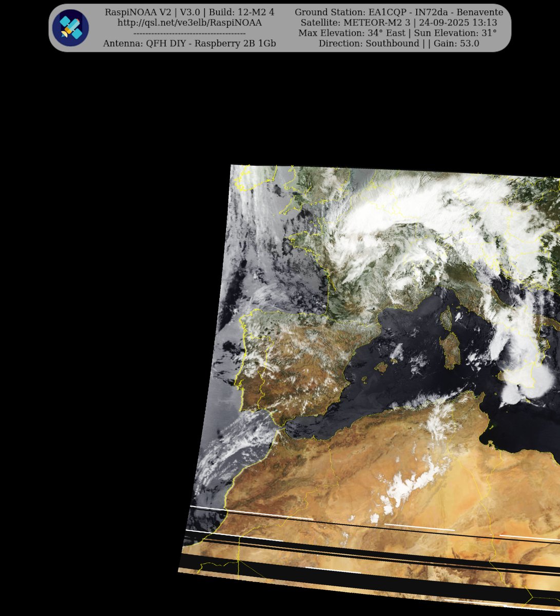 monforra's tweet image. Ground Station: EA1CQP - IN72da - Benavente METEOR-M2 3 24-09-2025 11:15 CEST Max Elev: 34° E Sun Elevation: 31° Gain: 53.0 | Southbound
#NOAA #MeteorM2_3 #MeteorM2_4 #weather #weathersats #APT #LRPT #wxtoimg #MeteorDemod #rtlsdr #gpredict #raspberrypi