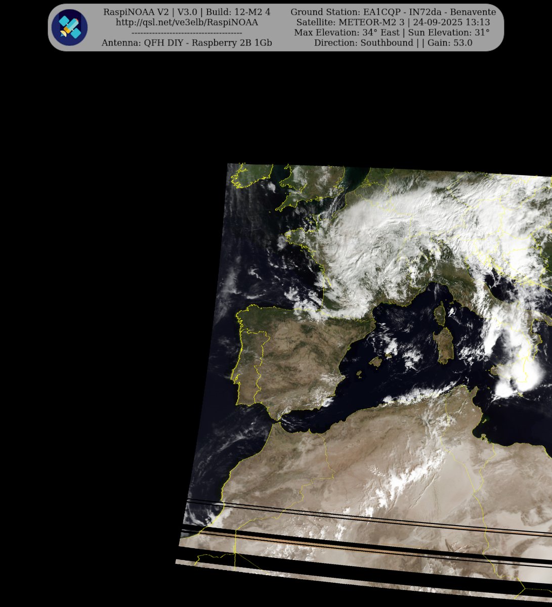monforra's tweet image. Ground Station: EA1CQP - IN72da - Benavente METEOR-M2 3 24-09-2025 11:15 CEST Max Elev: 34° E Sun Elevation: 31° Gain: 53.0 | Southbound
#NOAA #MeteorM2_3 #MeteorM2_4 #weather #weathersats #APT #LRPT #wxtoimg #MeteorDemod #rtlsdr #gpredict #raspberrypi