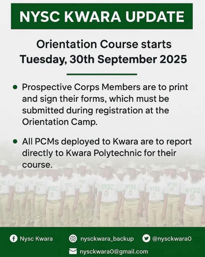 nysc360's tweet photo. π’ Attention 2025 Batch B Stream II PCMs deployed to Kwara!
The Orientation Course starts on Tuesday, 30th September 2025.
β’ βΉοΈ All PCMs posted to Kwara are to report directly to Kwara StatebPolytechnic for their course.
#NYSC #creatorsearchinsight #NYSCKwara #BatchBStreamII #NYSC360