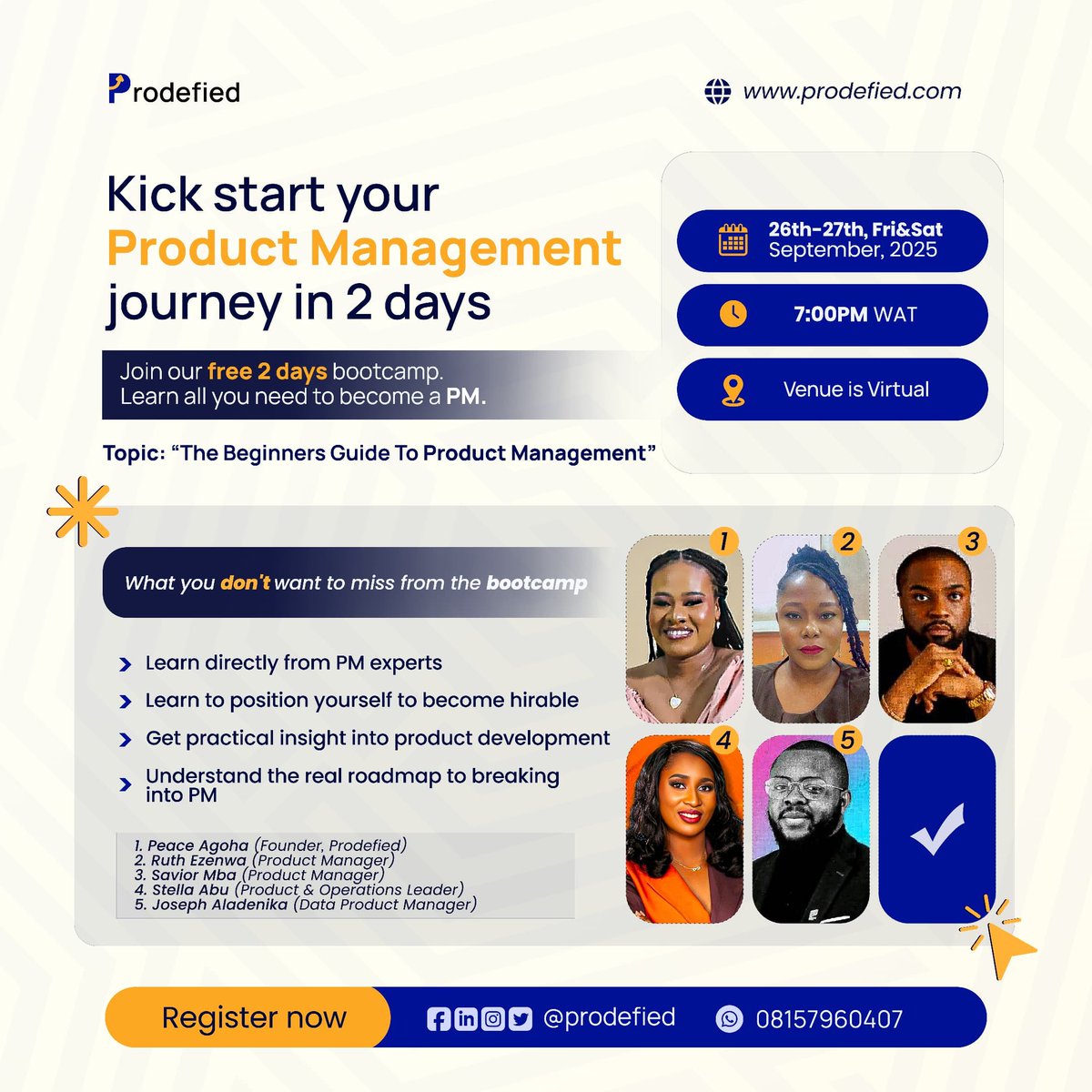 prodefied's tweet image. 2 Days to go to Register.
You want to be a part of this amazing experience?
Click the link to register and get all the information our amazing speakers have to offer.
luma.com/859zg7v2
#prodefied #productmanagement #techskill #bootcamp