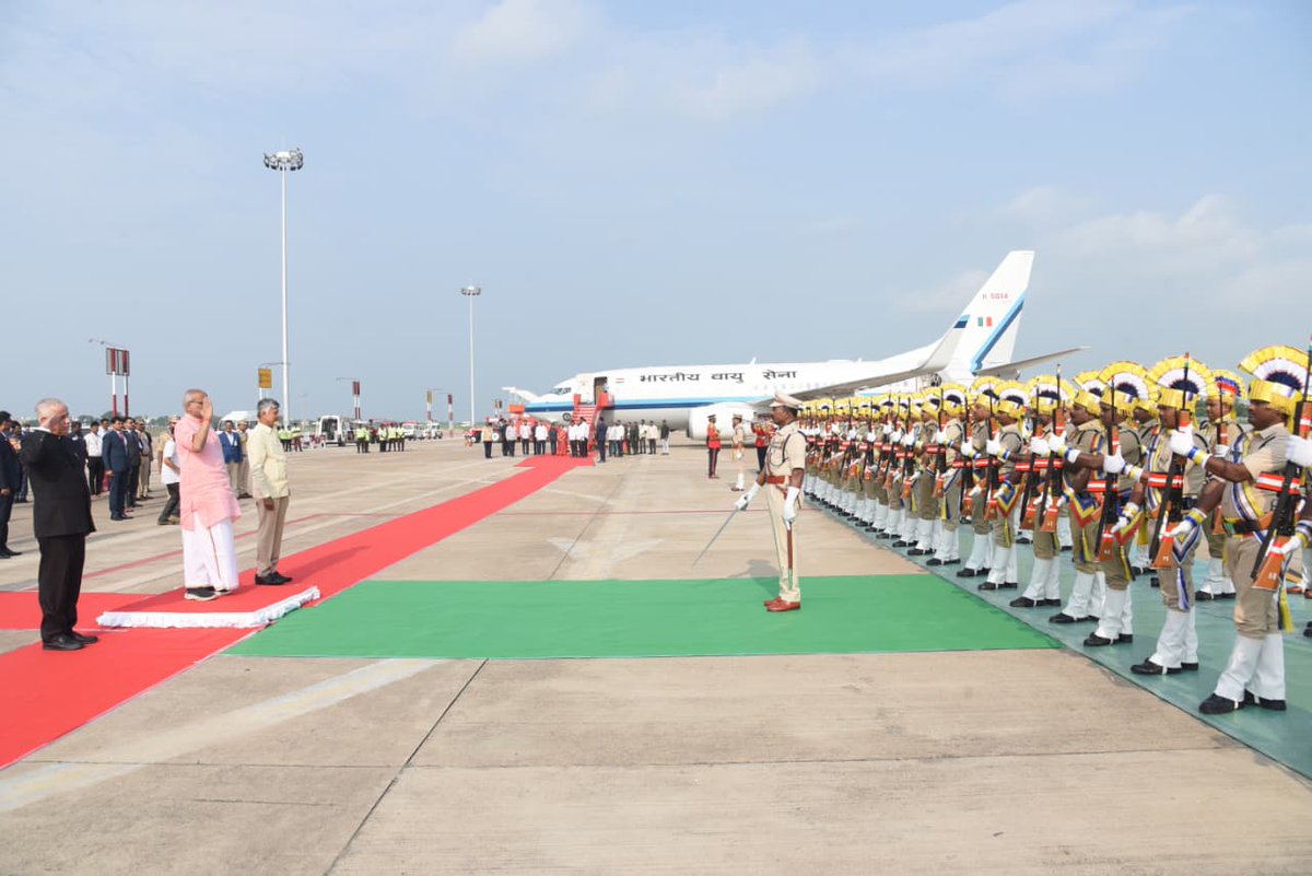 VPIndia's tweet photo. On his maiden state visit to Andhra Pradesh, Hon’ble Vice-President, Shri CP Radhakrishnan was accorded a warm welcome at Vijayawada airport by State Governor, Shri S. Abdul Nazeer, Chief Minister, Shri N. Chandrababu Naidu. He also received the Guard of Honour. https://t.co/uPJow7uMsJ