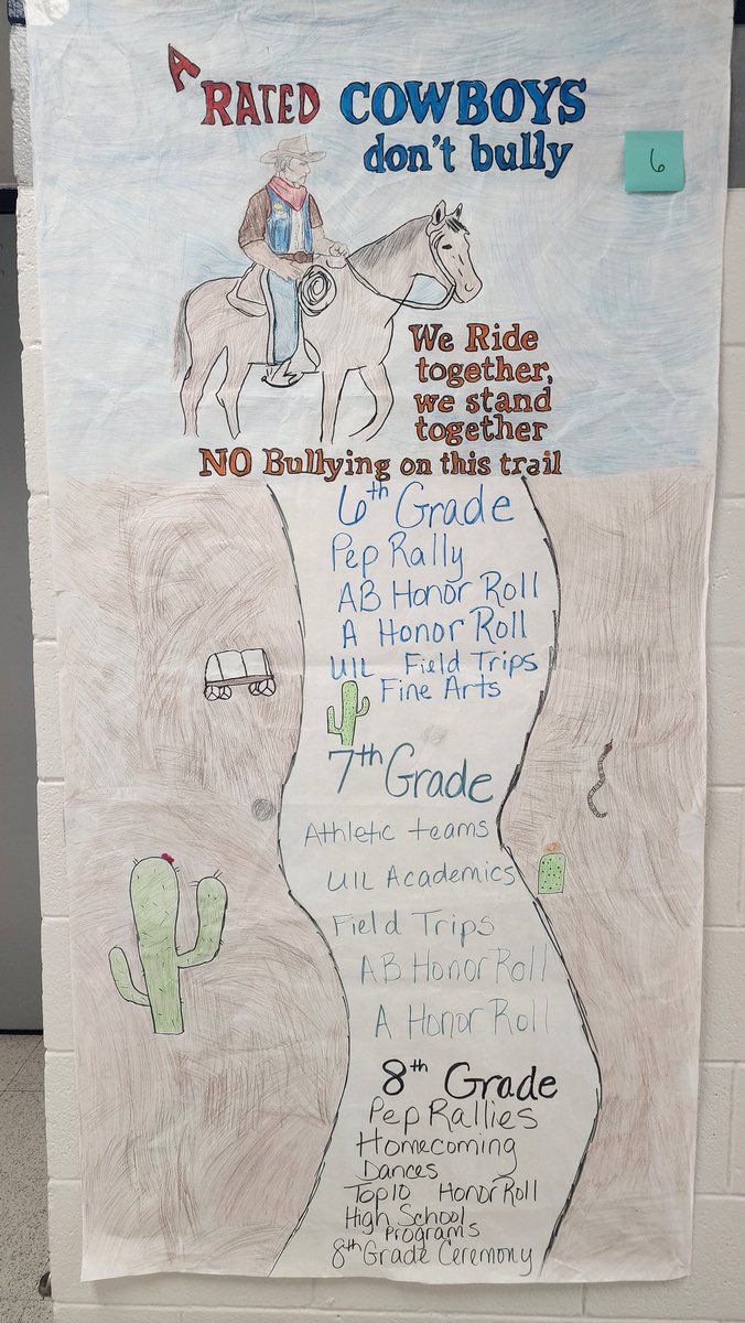 LLopezJr_CMS's tweet image. We challenged our Rodeo Time classes to create anti-bullying posters for our Anti-Bullying March at The Ranch. Great job Cowboys!
Anti-Bullying Poster Challenge class winners: Mr. Betancourt, Mrs. Moreno, Ms. Aguilar, &amp;amp; Mrs. Rubio. #TeamSISD @WalterEClarkeMS @JEstrada_CMS