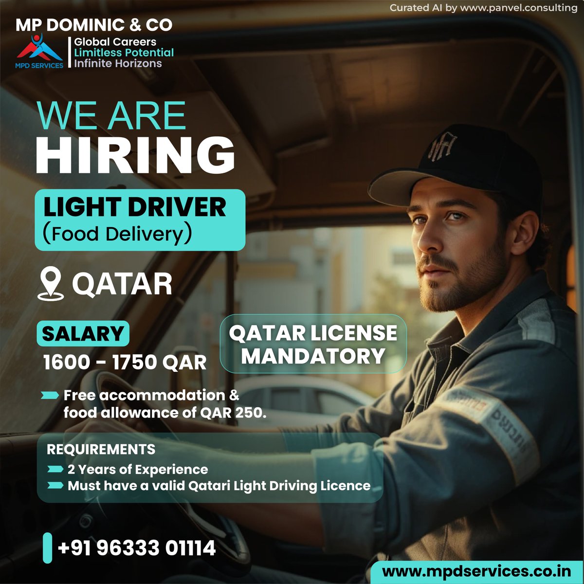 MPDSERVICES's tweet image. We Are Hiring: Light Driver (Food Delivery) !

Exciting job opportunity in Qatar with free accommodation and a food allowance of 250 QAR.   

👉Apply now if you have a valid Qatari license!

🌐 Visit us: mpdservices.co.in

 #Hiring #LightDriver #QatarJobs #FoodDeliveryJobs