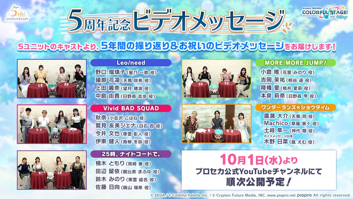 5周年記念
ビデオメッセージ 公開決定🎥

5ユニットのキャストより、
5周年の振り返りとお祝いのビデオメッセージをお届けします✨

📺番組生配信中：youtube.com/live/66dMVnVeB…
#プロセカ5周年直前生放送