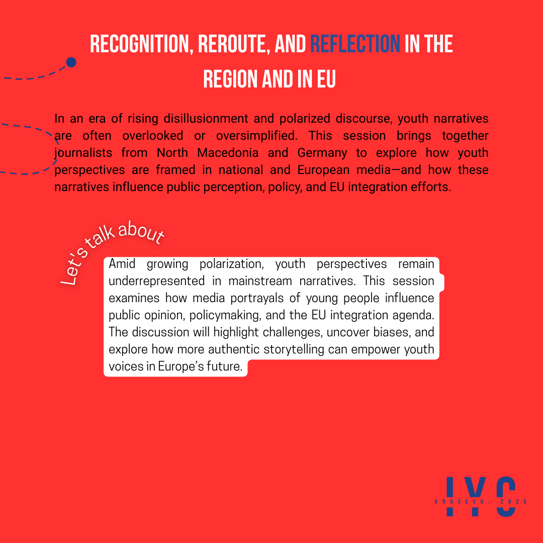 🎙️ How are youth perspectives portrayed in media?
At #IYC2025, we’ll explore how authentic storytelling and youth narratives can shape public opinion, policy, and the EU integration agenda. 
📅 25–29 September 2025
📍 Kruševo
📺 Live-streamed
#KrusevoConference #EuropeanValue