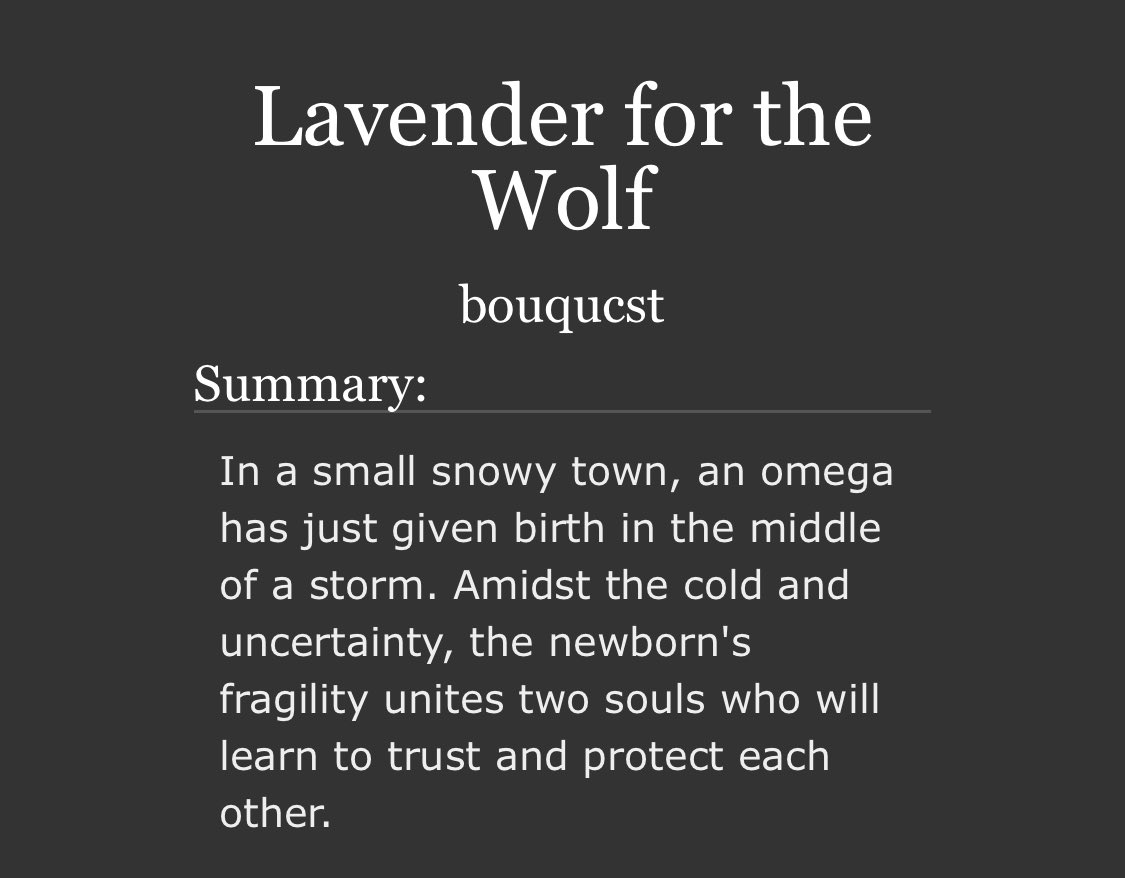 basilbees's tweet image. #jayvik
lavanda para el lobo update
¡nuevo capítulo al aire, gente 🪻!
❄️ in spanish
❄️ in emission
❄️ omegaverse / modern au
❄️ alpha jayce 🐺 / omega viktor 🌙
📖 capítulo nuevo: archiveofourown.org/works/68426376