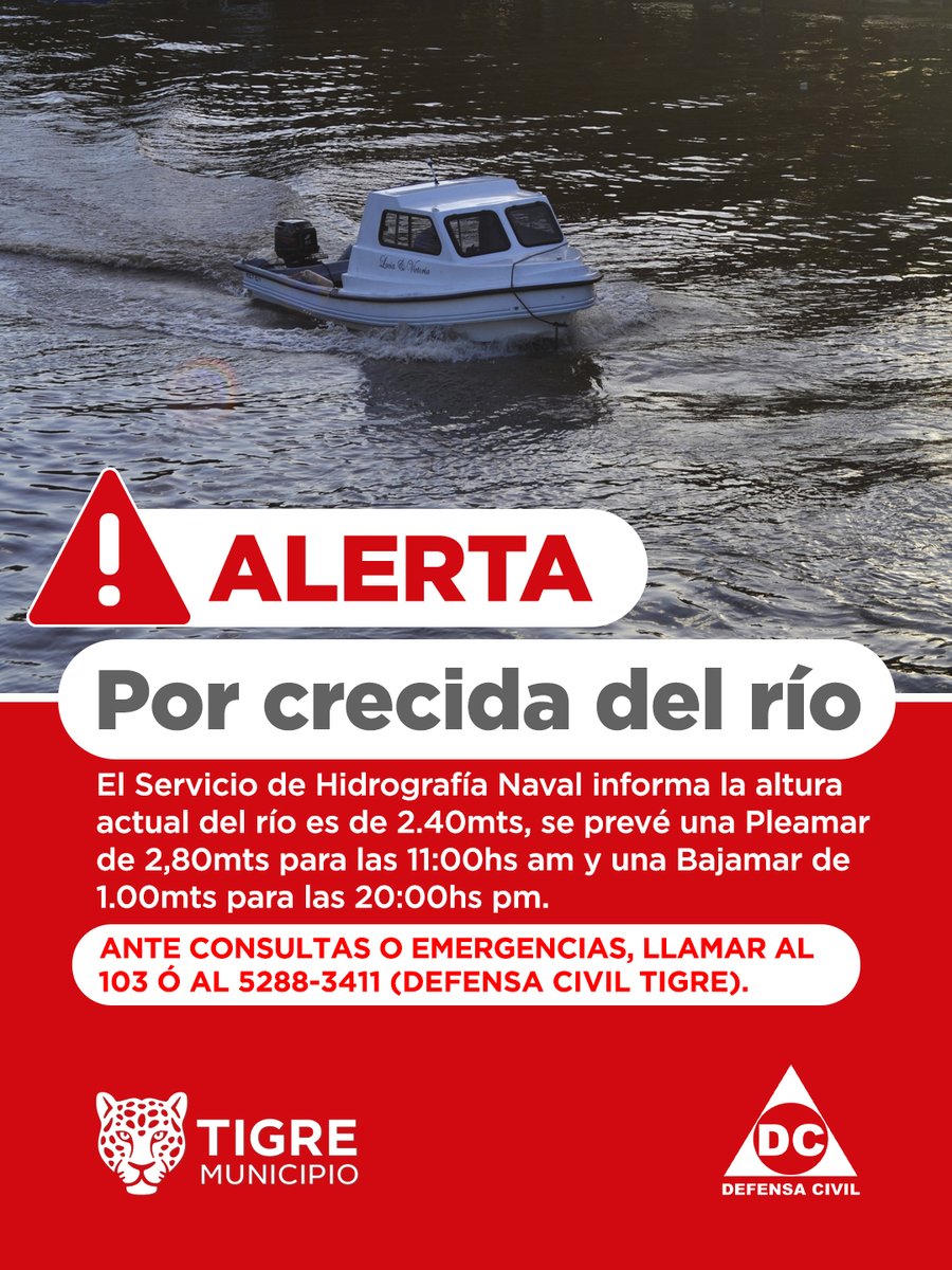 AlertaTigre's tweet photo. Servicio de Hidrografía Naval informa: AVISO POR CRECIDA de rio en el @MunicipioTigre 
Dudas, consulta, emergencias? 
 ☎️ 103 
 ☎️ 5288-3411 
#DCTigre #COT https://t.co/WUqWx7Ri0v