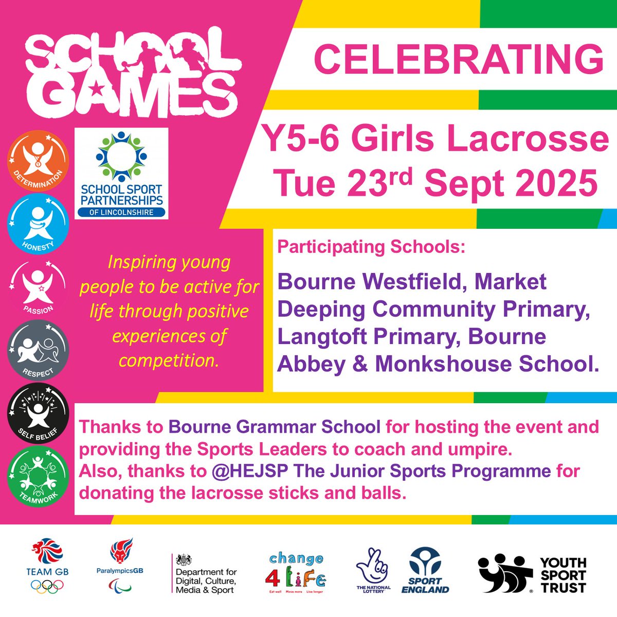 Schools identified less sporty girls and we used lacrosse to show them that sport can be fun whilst working on being great team mates.
64 girls had an amazing time.
Thanks to #BourneGrammar for hosting and providing Sports Leaders.
Thanks to <a href="/HEJSP/">Junior Sports Trust</a>  for the equipment.