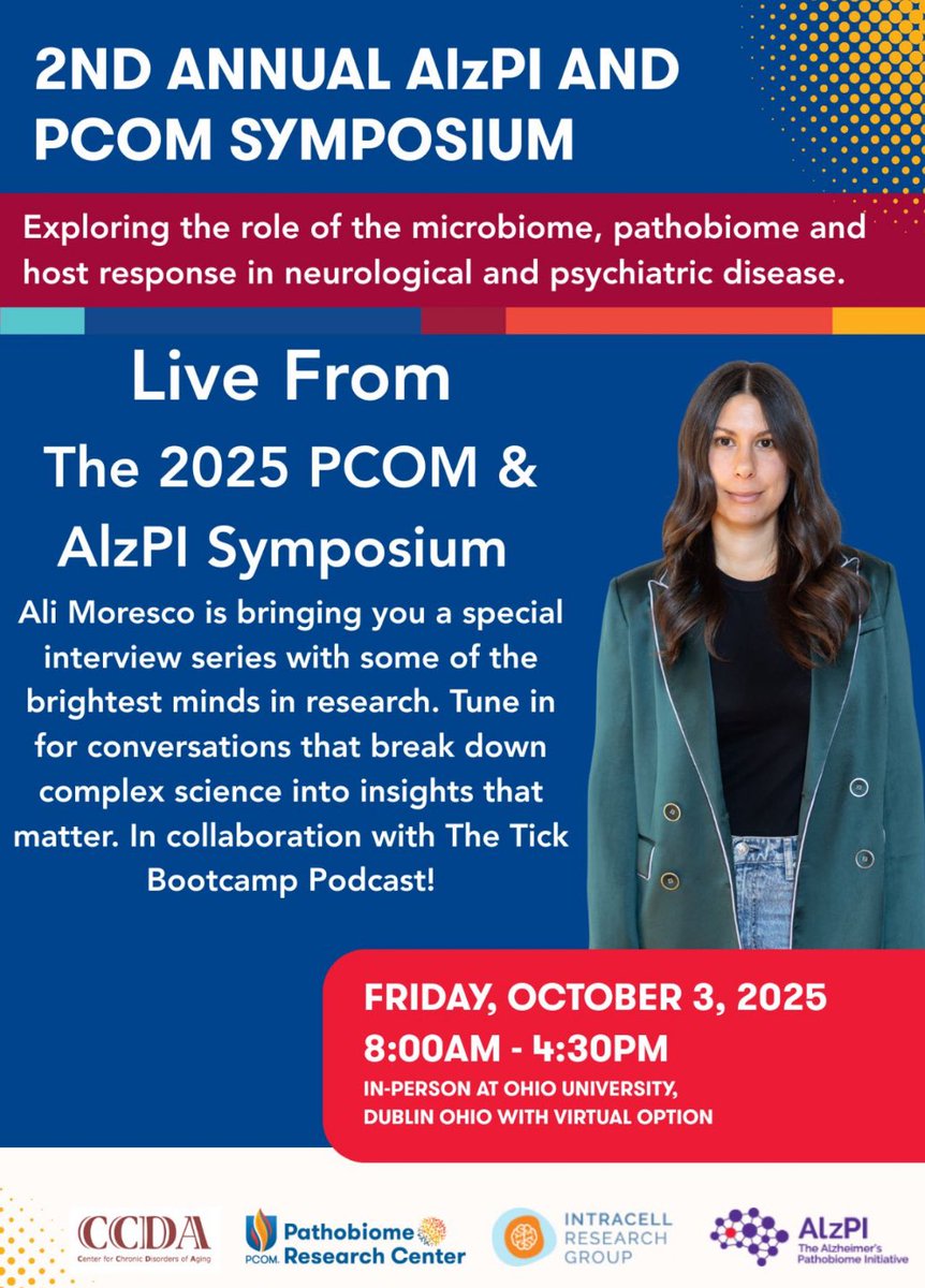NikkiSchultek's tweet image. Ali Moresco in collab with @TickBootCamp will record a podcast during our #AlzPI and #PCOM symposium - we are so exited about this collaboration that will give scientists and innovators a chance to be interviewed! Register today for in person or virtual alzpi.org/symposium-2025
