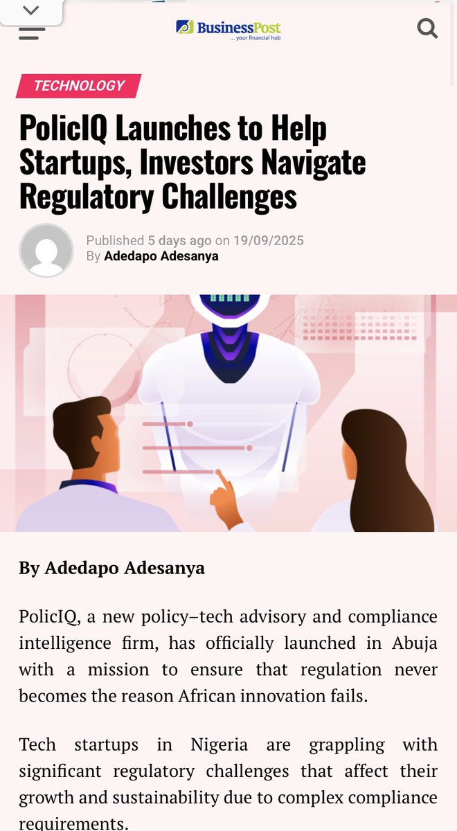 policiqlegal's tweet photo. We are proud to see our new firm, PolicIQ, featured in top publications.

At PolicIQ, we are affirming our commitment to deliver startups, investors and tech operators from regulatory hiccups across the African giant. 

Read more about our vision for a clearer future in the news. https://t.co/LrBb39a2Nd