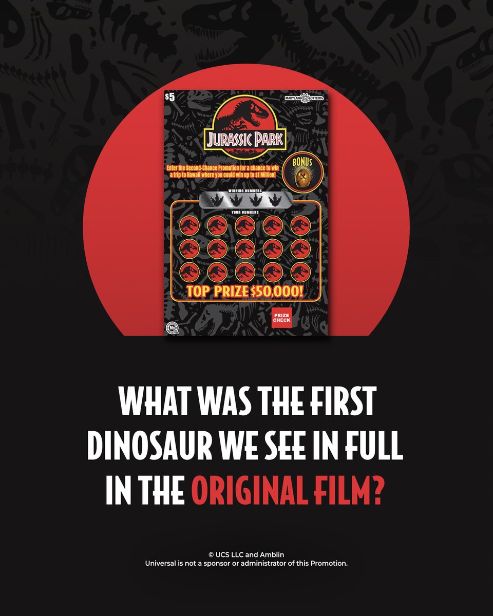 JURASSIC PARK TRIVIA! Reply with your answer. Then pick up the JURASSIC PARK Scratch-Off for a chance to win up to $50,000 instantly. Please play responsibly. bit.ly/46DgPt8