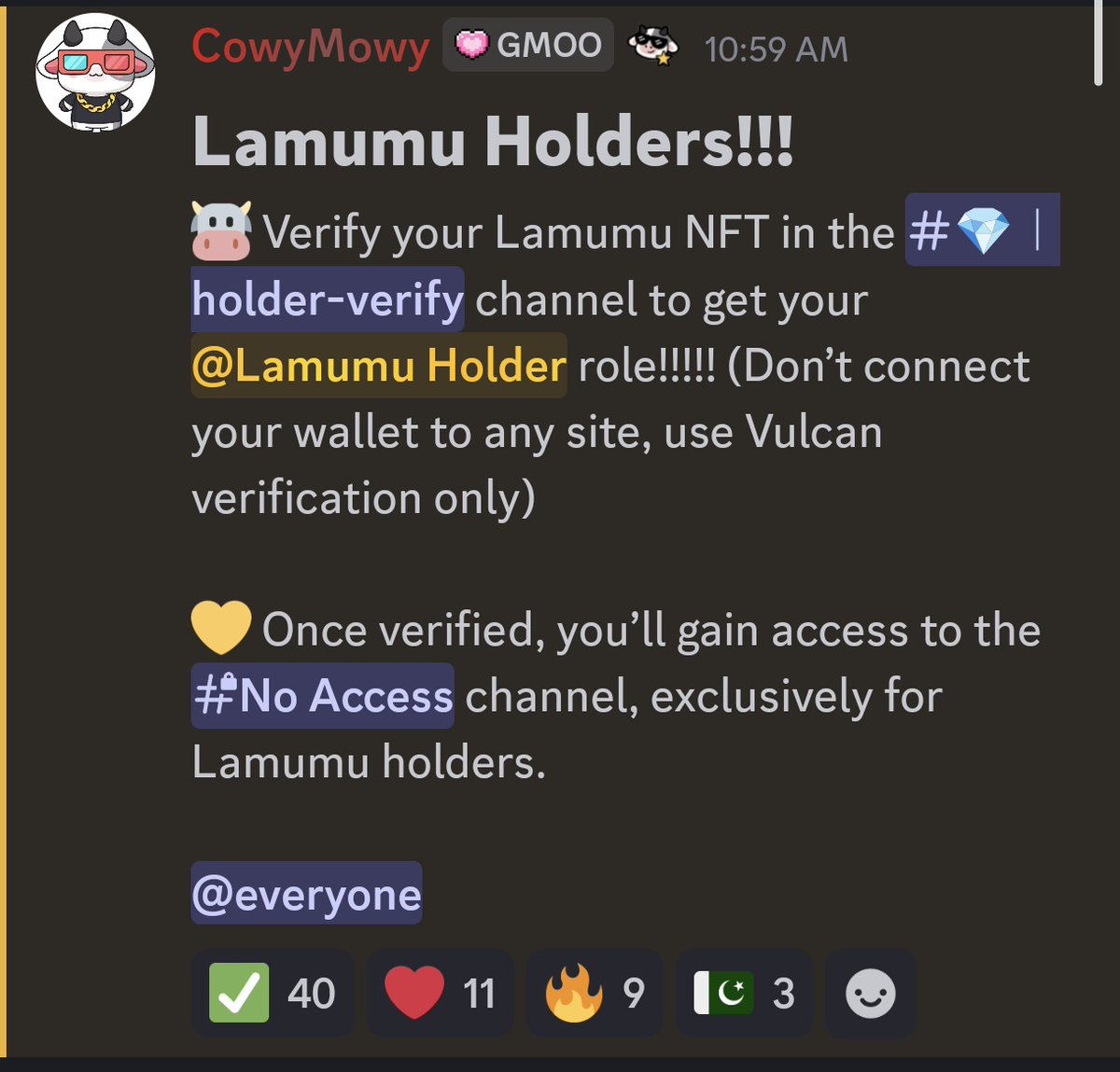 If you're still holding <a href="/lamumudotxyz/">Lamumudotxyz</a> NFT, go and verify your ownership on <a href="/lamumudotxyz/">Lamumudotxyz</a> discord server to have exclusive access to holder' channel where you can connect to <a href="/commondotxyz/">Common</a> believers like you. Gmoo