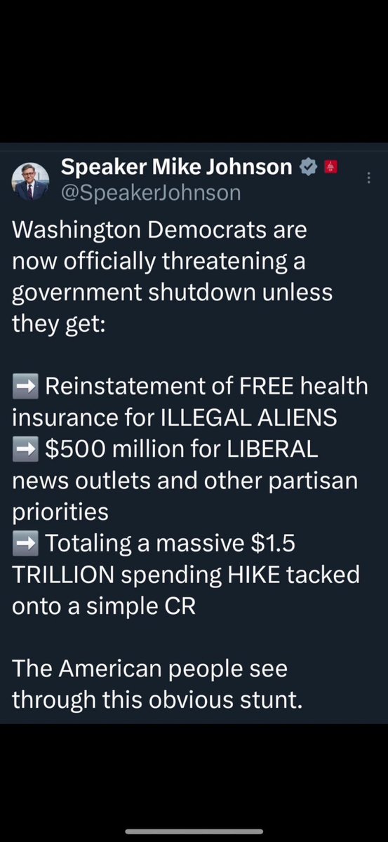 <a href="/SenSchumer/">Chuck Schumer</a> <a href="/RepJeffries/">Hakeem Jeffries</a> Schumer is holding America hostage because he wants free medical care for his illegals from American taxpayer dollars. He could give a  💩 less about the American citizens. It’s time for Schumer to go.!