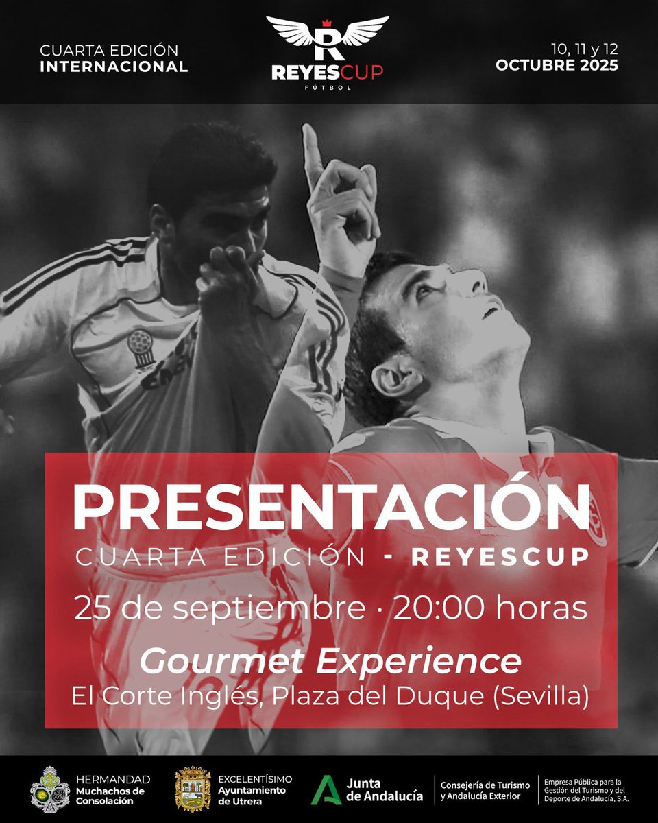 Hdad. Muchachos de Consolación (@hdadmuchachos) on Twitter photo 𝐑𝐄𝐘𝐄𝐒𝐂𝐔𝐏 | Mañana jueves, a las 20.00 horas, tendrá lugar en la terraza Gourmet Experience de El Corte Inglés de la Plaza del Duque de Sevilla la presentación oficial de la cuarta edición de la Reyes Cup, que se celebrará en Utrera durante los días 10, 11 y 12 de octubre. 𝐑𝐄𝐘𝐄𝐒𝐂𝐔𝐏 | Mañana jueves, a las 20.00 horas, tendrá lugar en la terraza Gourmet Experience de El Corte Inglés de la Plaza del Duque de Sevilla la presentación oficial de la cuarta edición de la Reyes Cup, que se celebrará en Utrera durante los días 10, 11 y 12 de octubre.