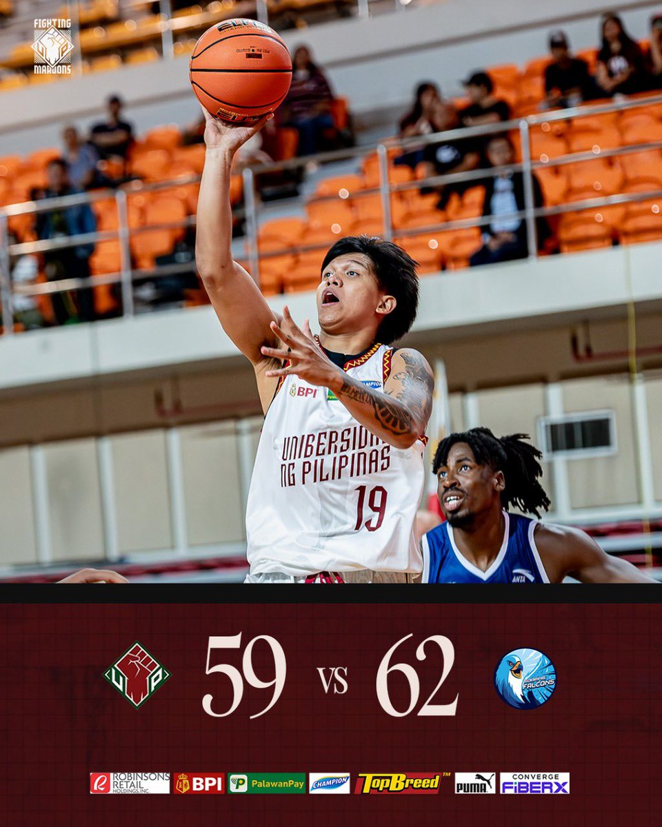 upmbt's tweet photo. IN A ROUGH PATCH 

The drought continues for the UP Fighting Maroons as they fall to the Adamson Soaring Falcons, 59-62, Sept. 24, at the UST Quadricentennial Pavilion.

#UPFight #nowheretogobutUP #SugodUP #UAAPSeason88 #StrengthInMotionHopeInAction https://t.co/wj5f4UAtj0