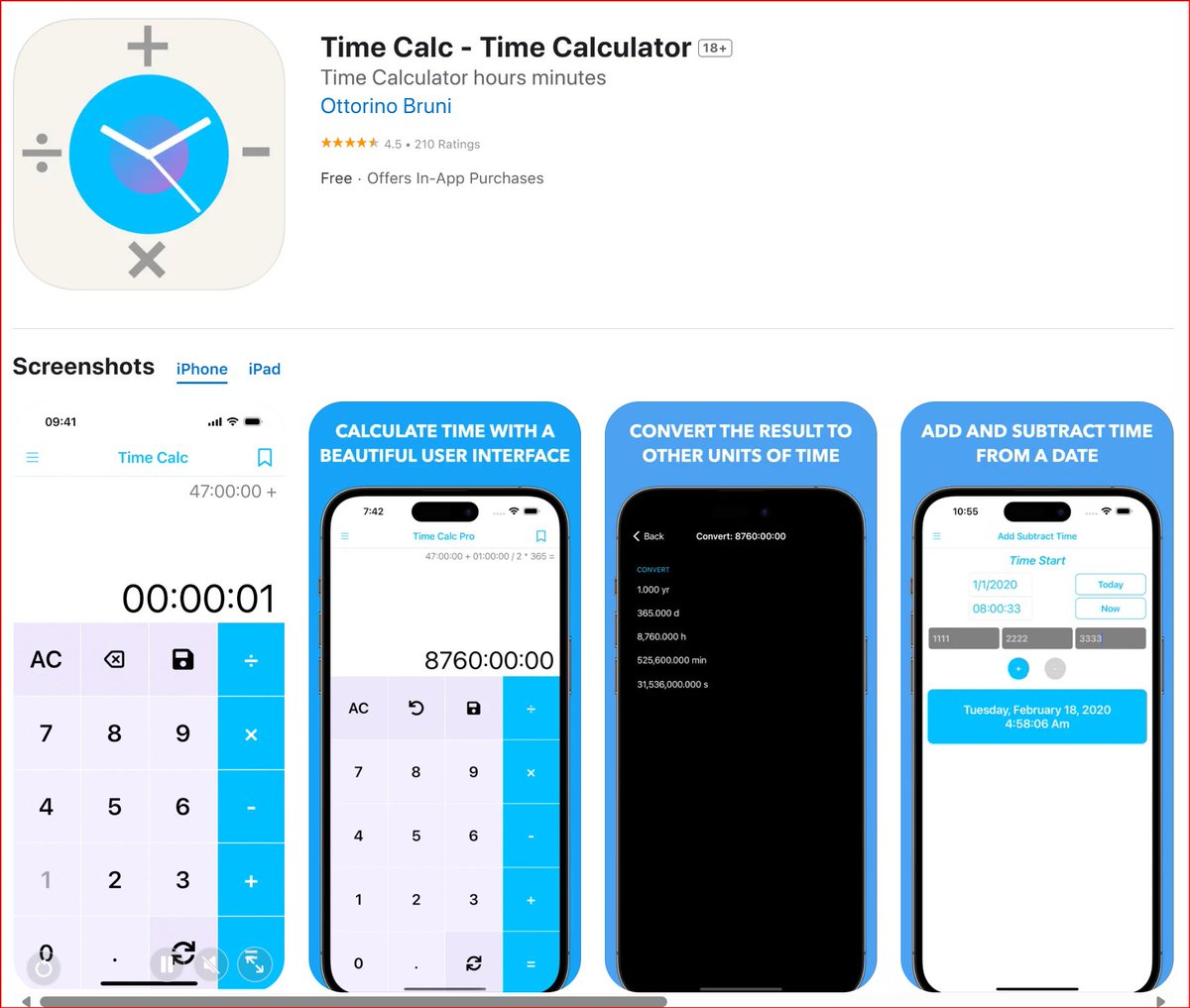 ottorinobruni's tweet image. ⏱️ Time math doesn’t have to be messy!
Time Calc 🧮 adds, subtracts & converts hours, minutes, and seconds with ease.
Perfect for timesheets, workouts & video editing.
🔗 apps.apple.com/us/app/time-ca…
#indiedev #iOSApps #productivity