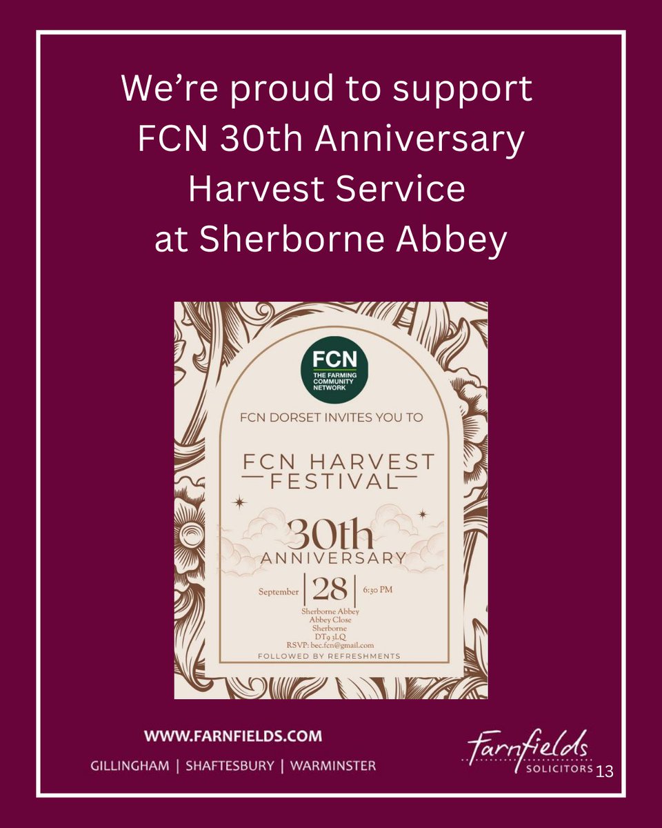 We’re proud to support the The Farming Community Network Dorset 30th Anniversary Celebration Service at Sherborne Abbey on Sunday 28th September, 6:30–7:30pm.
This special event will celebrate the dedication and resilience of our farming community &amp; honour 30 years of FCN.