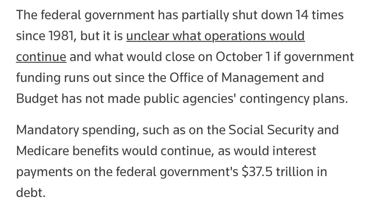 The Government is headed for a partial shut down in 6 days. 

Trump refuses to negotiate and House Republicans will not be back in D.C. until Oct 1st. 

Congressional Dems have already voted NO on a 7 week Continuing Resolution. 

Republicans refuse to extend the ACA subsidies.