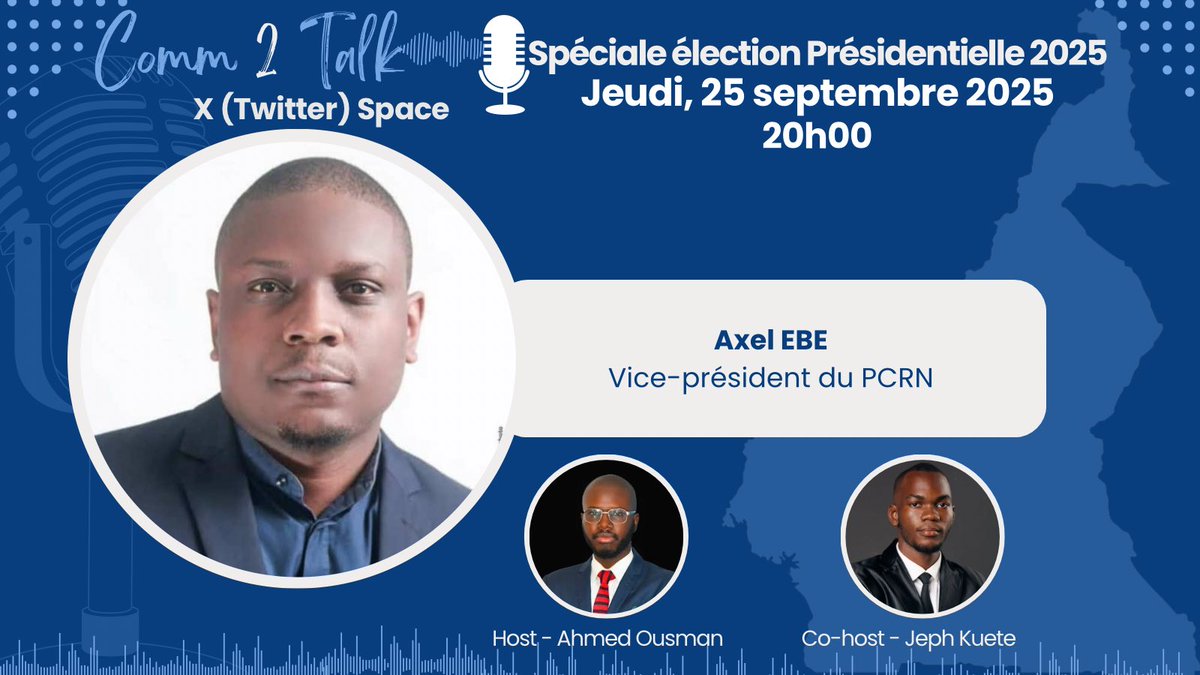 comm2talk's tweet image. 🎙️ Demain à 20h, nous recevrons @fredaxelebe, vice-président du PCRN.

Il viendra nous présenter le projet et les ambitions de @CabralLibii pour l’avenir du Cameroun.🇨🇲