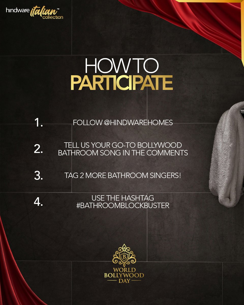 CONTEST ALERT! 🎬🎶

Here’s how to participate ⬇️

 1️⃣ Follow @hindwarehomes
 2️⃣ Drop your go-to Bollywood bathroom song in the comments 🎶
 3️⃣ Tag 2 fellow bathroom singers
 4️⃣ Use #BollywoodBlockbuster

#Bollywoodblockbuster #ContestAlert #Bathroomsingers #Hindware