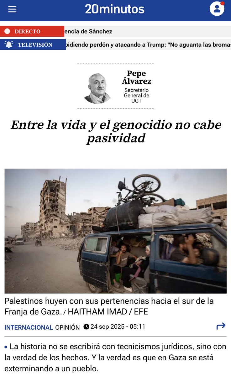 ✍️ Pepe Álvarez (@sg_ugt), secretario general #UGT hoy en el periódico <a href="/20m/">20minutos.es</a> sobre #Palestina

🇵🇸 Entre la vida y el genocidio no cabe pasividad: "La historia no se escribirá con tecnicismos jurídicos, sino con la verdad de los hechos. Y la verdad es que en Gaza se está