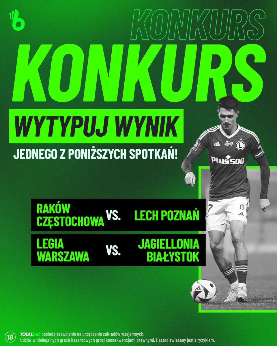 TOTALbetPL's tweet photo. #KONKURS
🎯 Wytypuj dokładny wynik jednego ze spotkań:
Raków Częstochowa vs. Lech Poznań
Legia Warszawa vs. Jagiellonia Białystok
Zasady:
💚 Polub ten post
✅ Obserwuj
@TOTALbetPL
#⃣ Dodaj do odpowiedzi #TOTALbet
👉 Pierwsze 3 osoby, które zrobią to poprawnie otrzymają freebet 10 PLN‼️
⏳ Na Wasze odpowiedzi czekamy do 18:00!
Regulamin 👉 https://t.co/HPt9BqN9F2