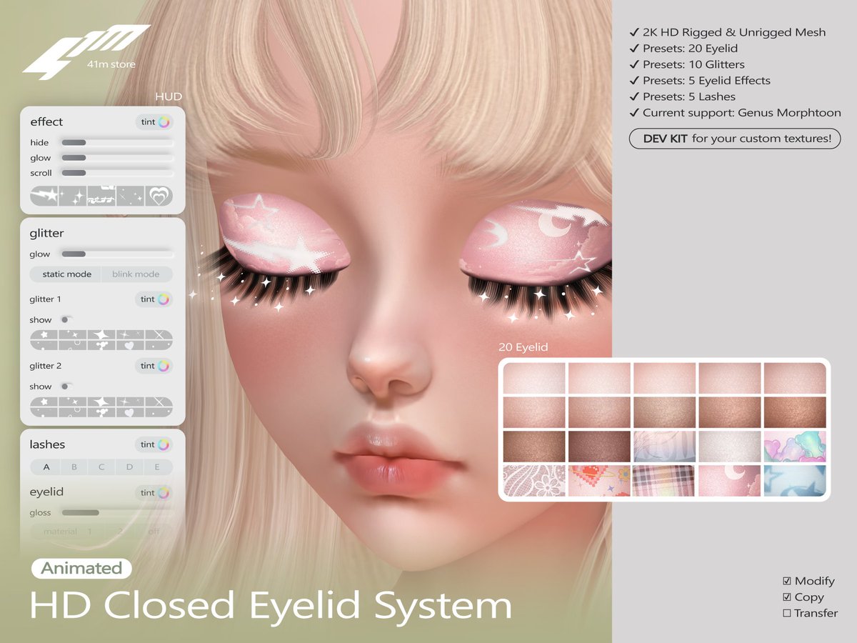41mStore's tweet image. HD Closed Eyelid System @ The Warehouse Sale
maps.secondlife.com/secondlife/Rot…
Add-on for closed eyes look! Comes with 20 eyelids, 5 lashes, 10 glitter, 5 effect and DEV KIT!

GIVEAWAY!
follow, like, repost, reply name
winner drawn a week later
also on prim &amp;amp; flickr 41mm.carrd.co
