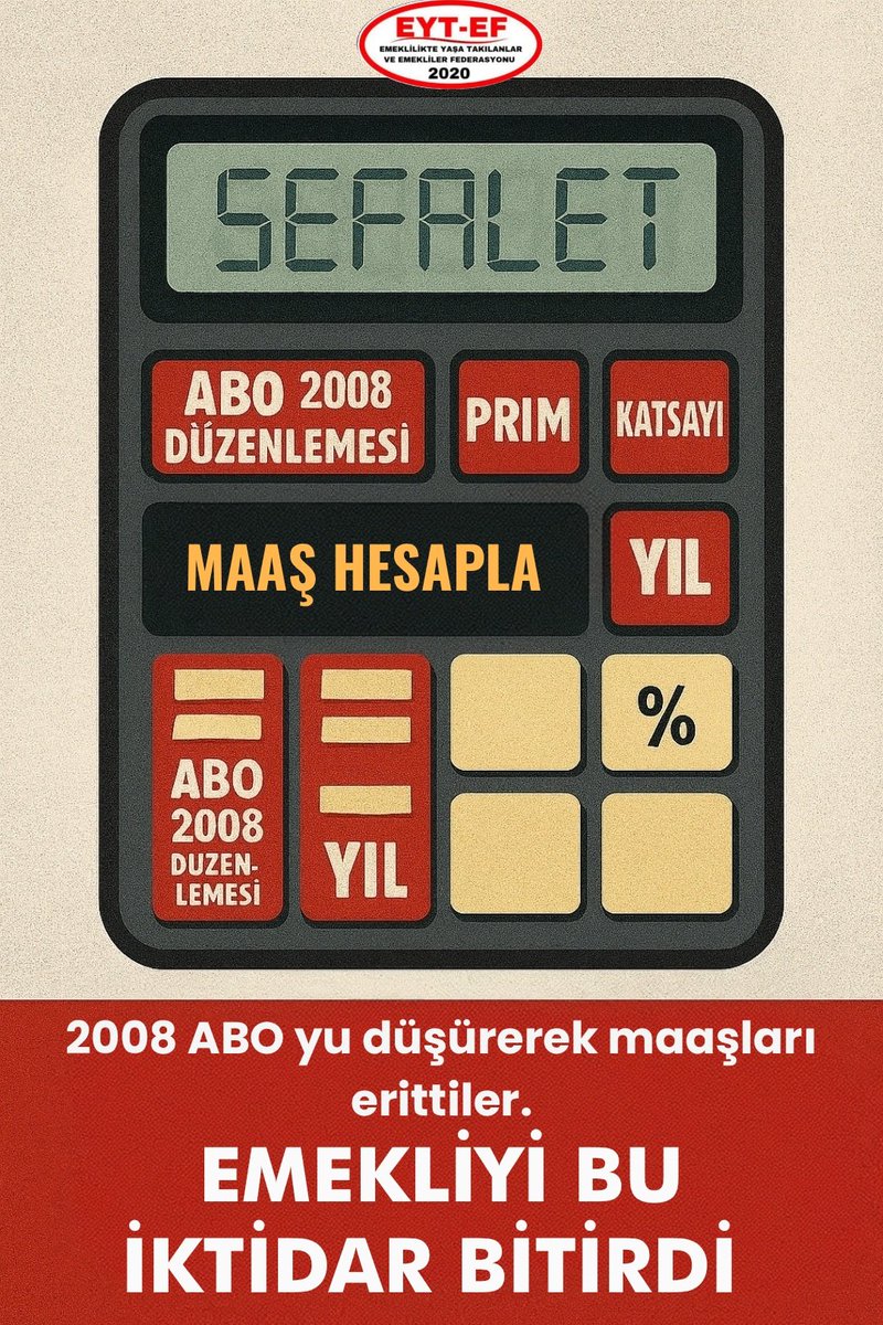 2008 SGK düzenlemesiyle reform adı altında Emekli yi bitirdiniz.
ABO yu düşürerek maaşları erittiniz.
#EmekliyiBuiktidarBitirdi
#5000KısmiSözüTutulmadı