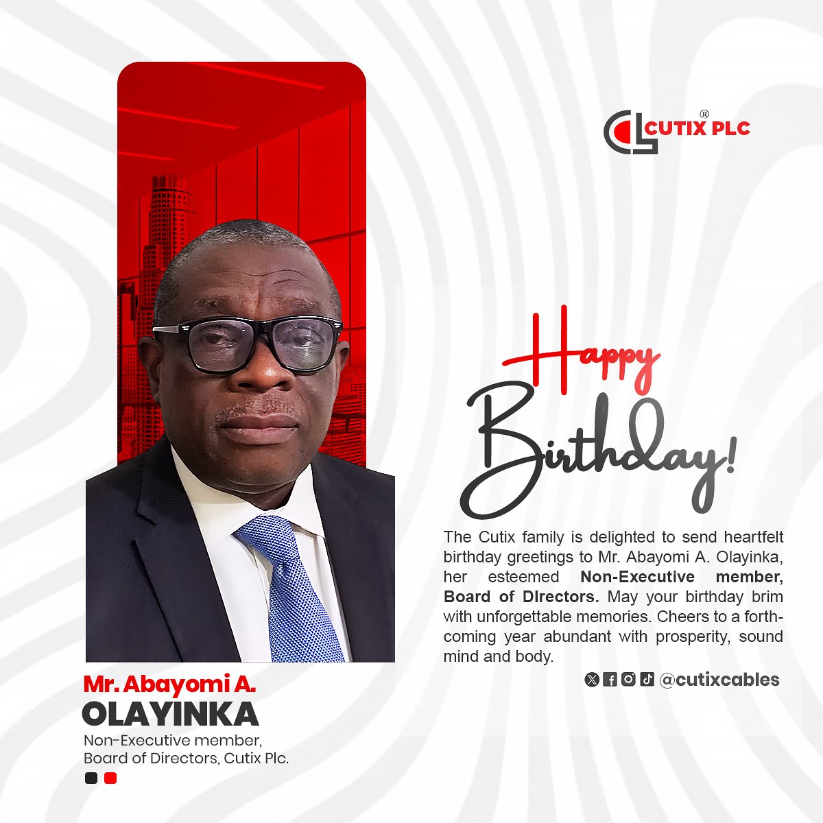 Cutixcables's tweet photo. The Cutix family wishes you a blissful birthday, sir.
Cheers to more years of success and delight!
📧: info@cutixplc.com.ng
#CutixCables https://t.co/mDFVTchQ0i