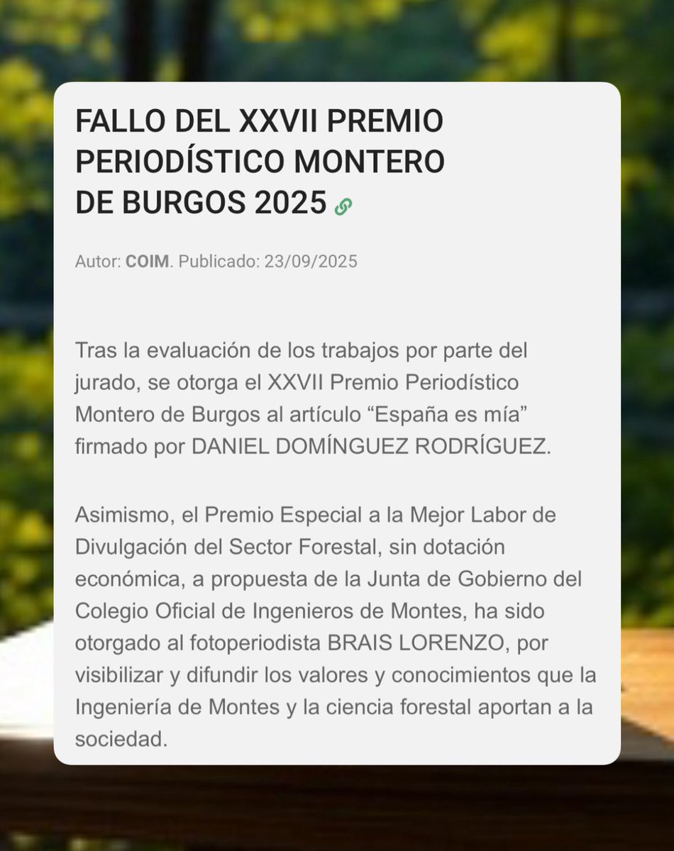 Gracias a <a href="/ingdemontes/">Ingeniería de Montes</a> y a Tragsa por el premio

Y a <a href="/revista_salvaje/">Salvaje</a> por ponerle tanto cariño a todo lo que hacen 🫰🏼