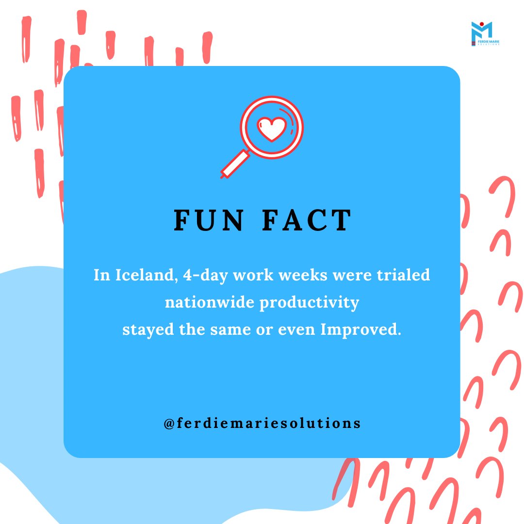 FerdieMarieS's tweet image. In Iceland, 4-day work weeks were trialed
nationwide productivity
stayed the same or even Improved.

#ferdiemariesolutions #funfactwednesday #funfact #workmatters