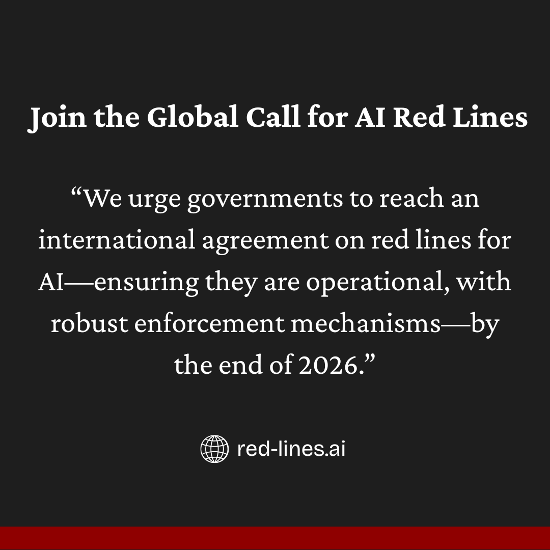 DigiFuturesLab's tweet photo. Just Launched: The Global Call for AI Red Lines, with 70+ leading orgs & 200+ signatories, including former heads of state & Nobel laureates.
Together, we are calling for international agreement to prevent the most severe risks to humanity and global stability #AIredlines https://t.co/Kl22IPRfzi