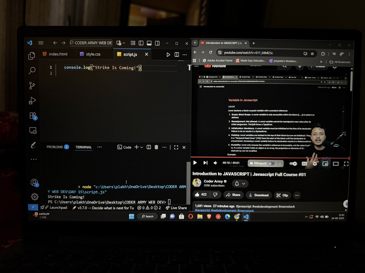 codewithpri's tweet image. Day 16 of WEB DEVELOPMENT ✅

@rohit_negi9 Finally started with JS. Learned why JS became the go-to language over C++/Java for the web, explored the basics, and even set up Node.js to run code locally 🙌

Excited for this next lecture 🔥

#100DaysOfCode #WebDevJourney #100xDevs
