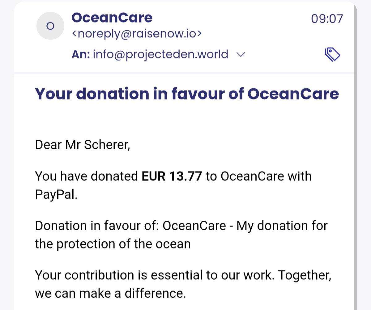 We have donated the gathered funds through $KOIBOY trading. 

For your information: 14.59 USDC = 12.38 EUR were the amount that was collected for donations. We made that even to 13 EUR and paid also the 0.77 EUR transaction costs.

#Donation #ProjectEden #Worldchain #WLD