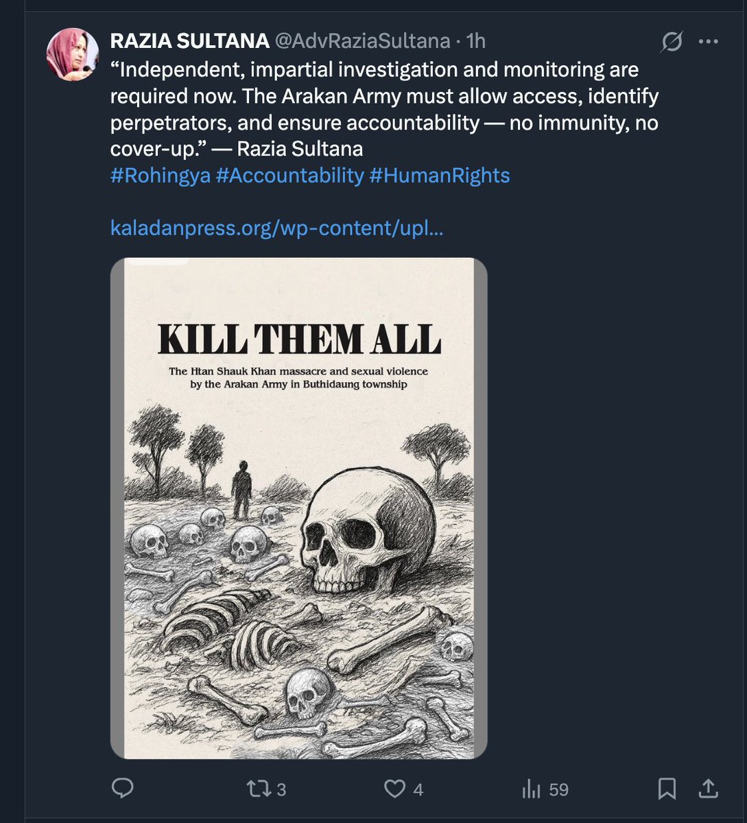 shafiur's tweet photo. Hey @X  Why is Razia Sultana's account @AdvRaziaSultana restricted? 

Restricting the account of someone reporting an alleged massacre looks like censorship, not content moderation. Explain yourselves, @X.  Victims’ testimony is not propaganda. https://t.co/jkgqHj8xmI