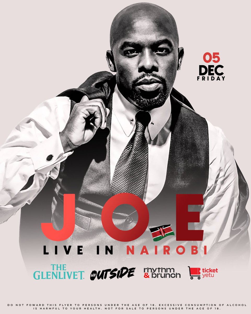 The smoothest voice in the game JOE is coming LIVE to Nairobi on Friday, December 5th for one night only!

Tickets available at ticketyetu.com  
Brought to you by: The Glenlivet, Weoutside and rhythm&amp;brunch
#JOEinNairobi  #LiveInNairobi #RhythmAndBrunch #WeOutsideKE