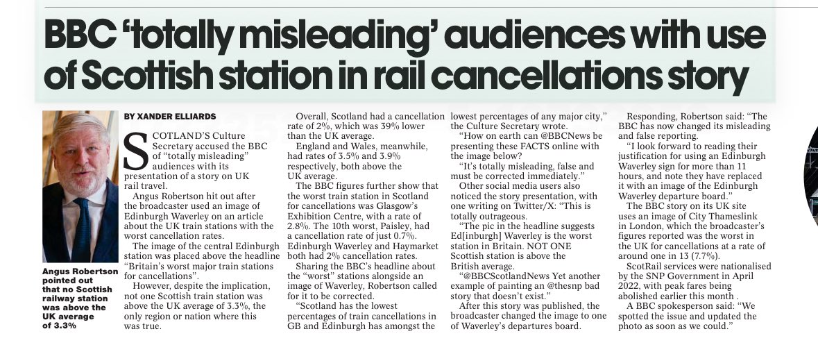AngusRobertson's tweet photo. How the BBC misleadingly reported that Edinburgh Waverley was amongst the worst performing train stations for cancellations when it isn’t and Scotland is actually best performing in GB. Report in @ScotNational 👇 https://t.co/qVMnbmCHTa
