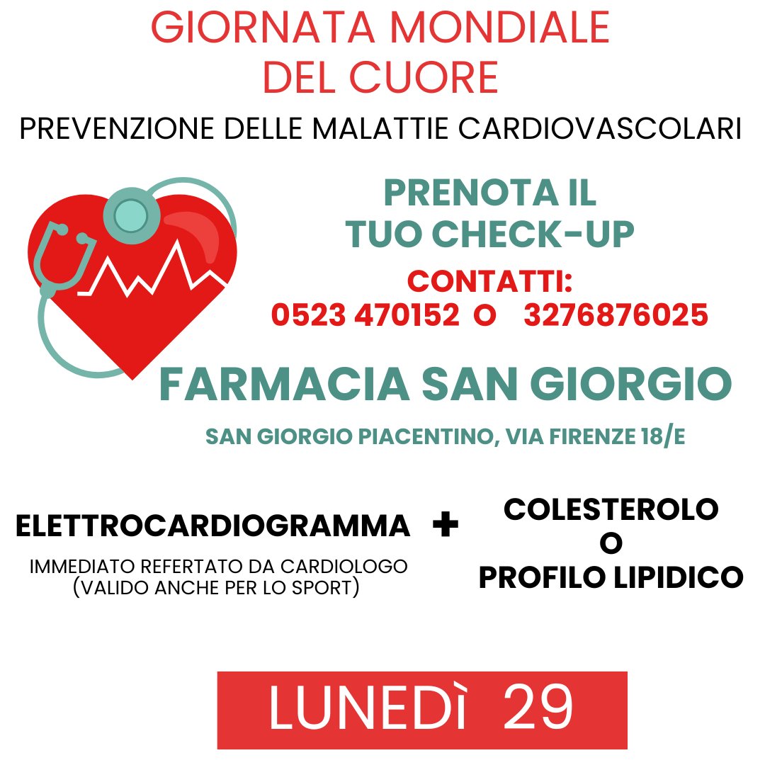 HTN_Telmed's tweet photo. Per la Giornata Mondiale del Cuore, continuano le iniziative per la prevenzione del rischio cardiovascolare.
Il prossimo appuntamento è per il 29 settembre alla Farmacia San Giorgio a San Giorgio Piacentino.
Prenota subito il tuo esame al numero 0523 470152!
#telemedicina #HTN https://t.co/LsSiPr9iNj