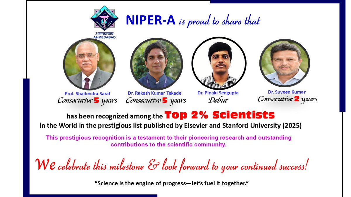 NIPER-AHMEDABAD (@niperahm) on Twitter photo We are proud to share that our Director Prof. Shailendra Saraf along with other faculty members has been recognized in the top 2% Scientists list, published by Elsevier and Stanford University. <a href="/Pharmadept/">Department of Pharmaceuticals 🇮🇳</a> <a href="/JPNadda/">Jagat Prakash Nadda</a> <a href="/AnupriyaSPatel/">Anupriya Patel</a> #ProudMoment #ResearchExcellence We are proud to share that our Director Prof. Shailendra Saraf along with other faculty members has been recognized in the top 2% Scientists list, published by Elsevier and Stanford University. <a href="/Pharmadept/">Department of Pharmaceuticals 🇮🇳</a> <a href="/JPNadda/">Jagat Prakash Nadda</a> <a href="/AnupriyaSPatel/">Anupriya Patel</a> #ProudMoment #ResearchExcellence